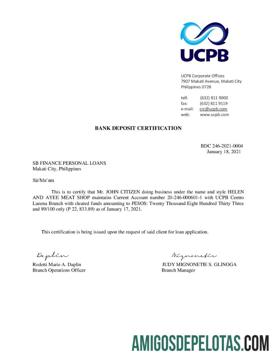 Carta de certificação de depósito bancário UCPB das Filipinas amostra